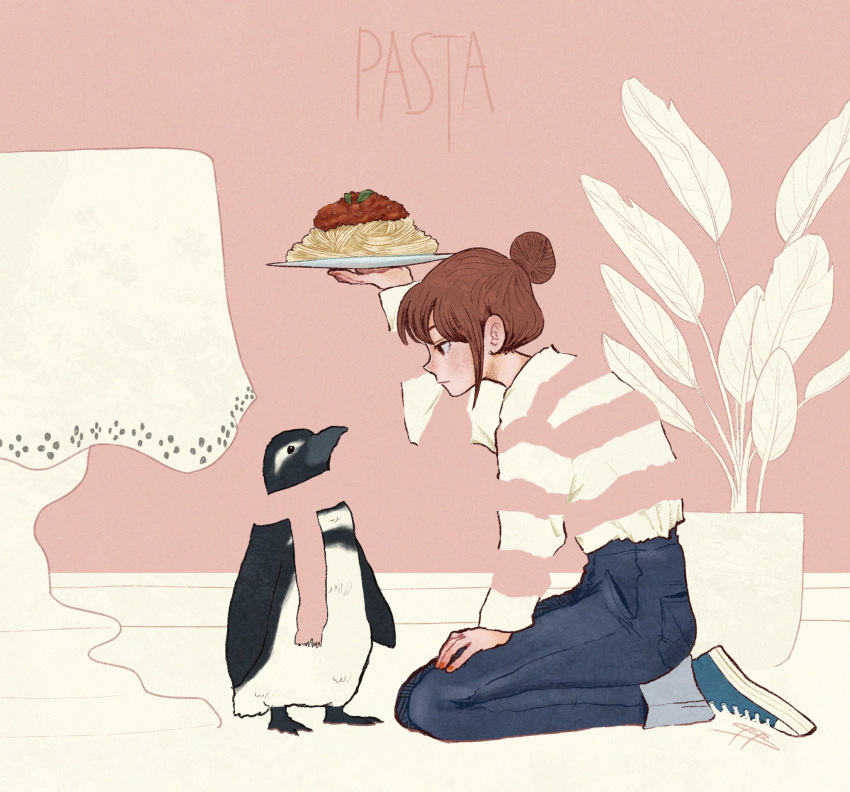 1girl arm_up bird blending blue_footwear blue_pants brown_hair food hair_bun highres holding holding_food leaf original pants pasta penguin plant plate potted_plant red_nails shirt shirt_tucked_in shoes signature sitting solo spaghetti striped striped_shirt syooooyoooo table wide_shot