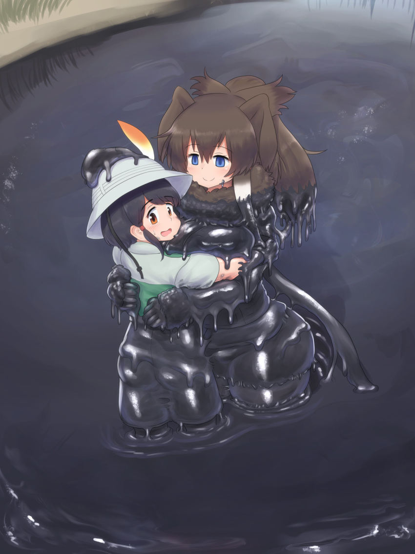 2girls black_hair blue_eyes breasts brown_eyes brown_hair captain_(kemono_friends) commentary commission dirty dirty_clothes dirty_hands elephant_ears elephant_tail grass hat highres hug huge_breasts kemono_friends kemono_friends_3 mammoth_(kemono_friends) mo23 multiple_girls outdoors scared shorts skeb_commission smile thick_thighs thighs