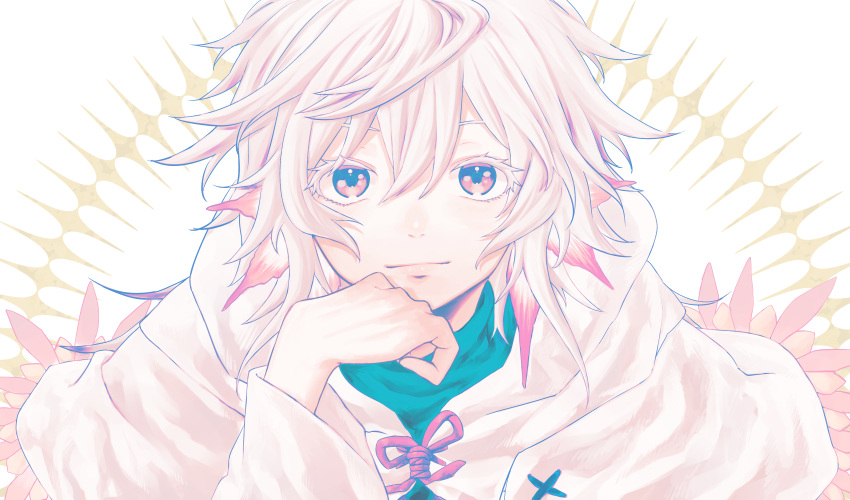 1boy absurdres brown_eyes closed_mouth colored_eyelashes fate/grand_order fate_(series) hair_between_eyes highres hooded_robe kouichi383 male_focus merlin_(fate) pastel_colors red_ribbon ribbon robe short_hair simple_background smile solo straight-on upper_body white_background white_hair white_robe