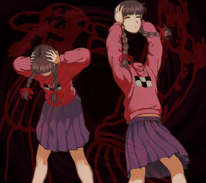 2girls black_background blunt_bangs braid chromatic_aberration clone closed_eyes closed_mouth disembodied_head expressionless facing_another facing_down feet_out_of_frame fingernails giganticbuddha hair_ribbon hands_on_own_head hands_up highres holding holding_head long_hair long_sleeves madotsuki medium_bangs medium_skirt midriff_peek multiple_girls parted_hair pink_sweater pleated_skirt projected_inset purple_skirt red_ribbon ribbon simple_background skirt standing sweater transparent turtleneck turtleneck_sweater twin_braids twintails yume_nikki