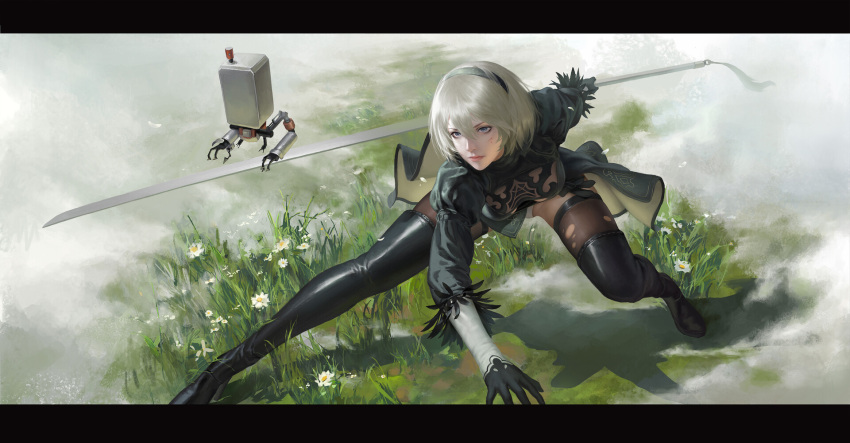 1girl 2b_(nier:automata) black_dress black_hairband breasts commentary csihan dress feather-trimmed_sleeves feather_trim hairband highres juliet_sleeves long_sleeves medium_breasts nier:automata nier_(series) no_blindfold puffy_sleeves sword thigh-highs weapon white_hair