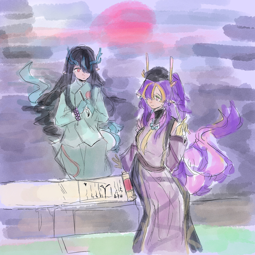 age_difference aged_down aqua_horns arknights bead_bracelet beads bracelet calligraphy calligraphy_brush china_dress chinese_clothes colored_skin dragon_bubble_(arknights) dragon_girl dragon_horns dragon_tail dress dusk_(arknights) earrings eastern_dragon_tail fiery_tail flame-tipped_tail gradient_skin green_horns green_skin green_tail highres holding holding_brush holding_scroll horns jewelry jie_(arknights) ling_(arknights) multicolored_hair non-web_source paintbrush pink_eyes pointy_ears purple_dress purple_hair purple_tail red_eyes scroll seal_script siblings simple_background smile streaked_hair tail tassel tassel_earrings yellow_hands yellow_horns