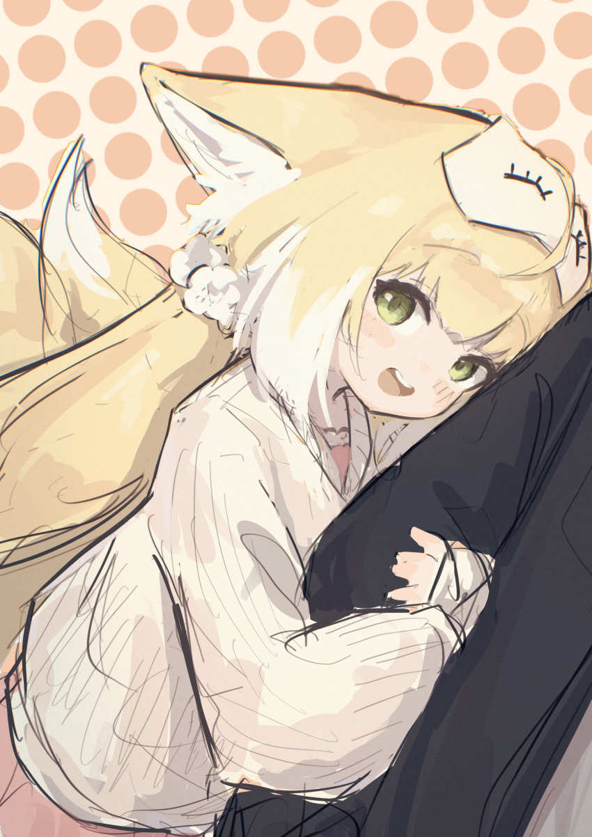 1girl 1other absurdres alternate_costume animal_ears arknights arm_hug blonde_hair blush cardigan chack520 chinese_commentary commentary_request doctor_(arknights) fox_ears fox_girl fox_tail green_eyes highres kitsune kyuubi looking_at_viewer multiple_tails open_mouth polka_dot polka_dot_background solo_focus suzuran_(arknights) tail yellow_cardigan