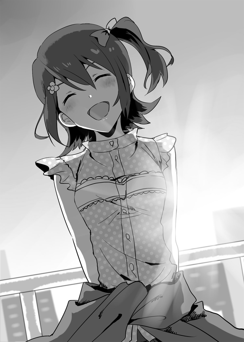 1girl arms_behind_back blush bow breasts building buttons closed_eyes clothes_around_waist commentary_request facing_viewer fence greyscale hair_between_eyes hair_bow hair_ornament hairclip highres idolmaster idolmaster_million_live! jink kasuga_mirai medium_hair monochrome open_mouth polka_dot polka_dot_shirt rooftop shirt side_ponytail sidelocks sleeveless sleeveless_shirt small_breasts smile solo sunlight sweater sweater_around_waist