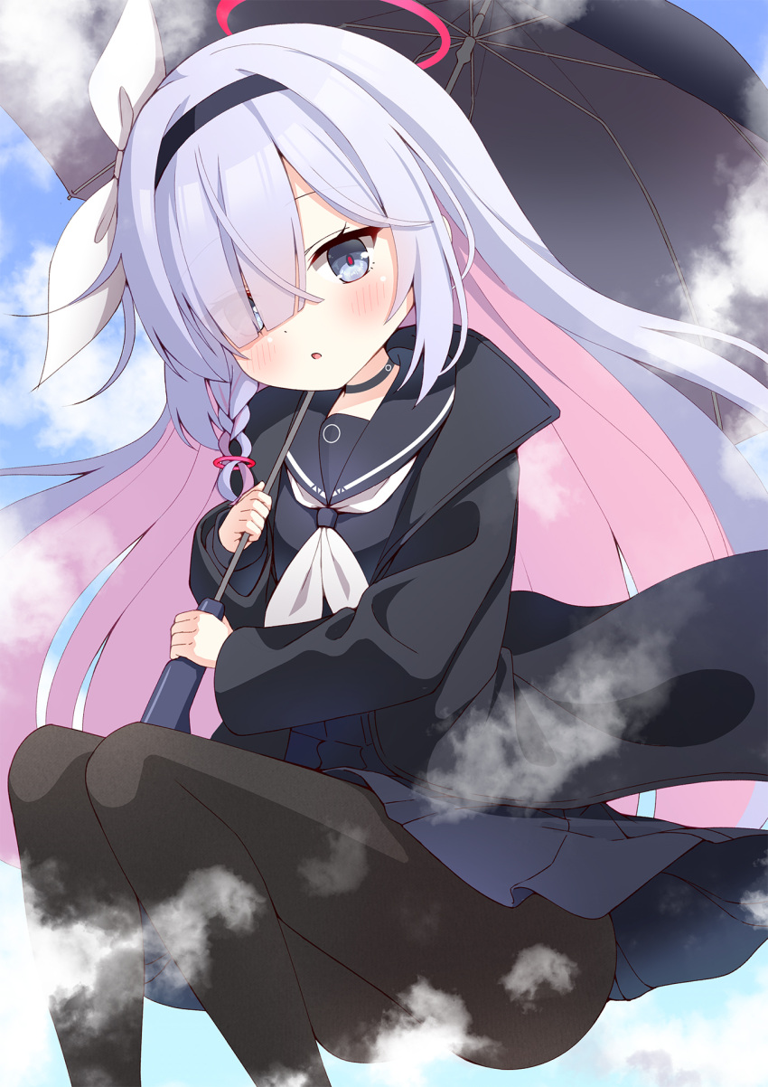 1girl azel_(laevateinn495) blue_archive blush braid breasts clouds collar commentary_request grey_hair hair_ornament hair_over_one_eye halo headband highres jacket long_hair looking_at_viewer multicolored_hair pantyhose plana_(blue_archive) side_braid sky small_breasts solo steam two-tone_hair umbrella