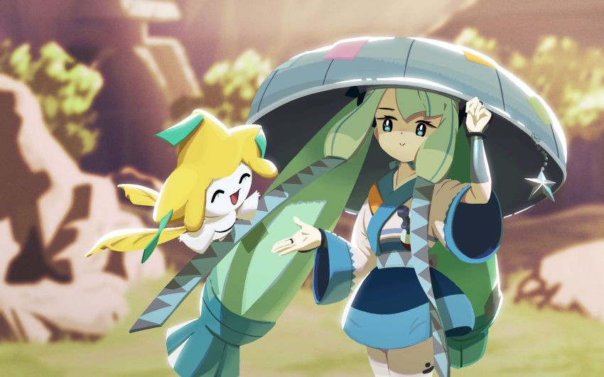 1girl :&gt; ^_^ adjusting_clothes adjusting_headwear aqua_hair blue_eyes blue_hair blue_headwear blue_skirt blurry blurry_background closed_eyes closed_mouth flute grass hand_up hat hat_ornament hatsune_miku highres instrument japanese_clothes jirachi keeno-ringo46 kimono long_hair miniskirt multicolored_hair no_sclera outdoors poke_flute pokemon pokemon_(creature) project_voltage sandogasa skirt smile solo split_mouth standing star_(symbol) star_hat_ornament steel_miku_(project_voltage) third_eye_on_chest twilight twintails two-tone_hair very_long_hair vocaloid white_kimono wide_sleeves