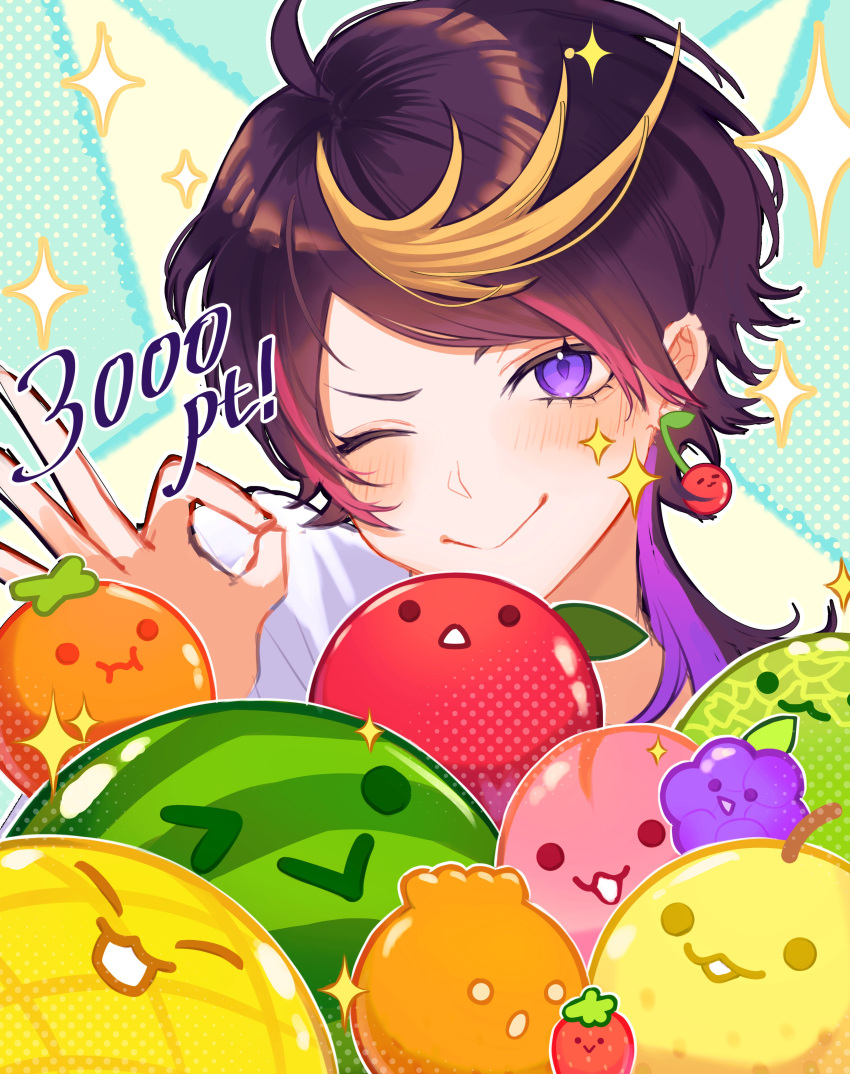1boy absurdres ahoge apple black_hair blonde_hair blue_background blush cantaloupe cherry closed_mouth commentary eyelashes food fruit grapes halftone hand_up highres long_hair looking_at_viewer male_focus mochigome_(yum) multicolored_hair nijisanji nijisanji_en ok_sign one_eye_closed orange_(fruit) parted_bangs peach persimmon pineapple pink_hair purple_hair shirt shu_yamino sidelocks simple_background smile solo sparkle star_(symbol) strawberry streaked_hair suika_game swept_bangs upper_body v-shaped_eyebrows violet_eyes virtual_youtuber watermelon white_shirt