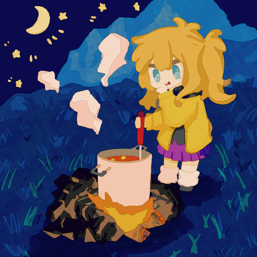 1girl absurdres antenna_hair black_shirt blonde_hair blue_eyes campfire cardigan commentary_request cooking crescent_moon fire full_body hand_up highres kanrei_touko kasukabe_tsumugi licking_lips long_hair long_sleeves looking_at_food moon mountain night night_sky on_grass one_side_up open_cardigan open_clothes outdoors pleated_skirt purple_skirt shirt skirt sky smile smoke solo standing star_(sky) starry_sky stew stock_pot tongue tongue_out voicevox white_leg_warmers yellow_cardigan