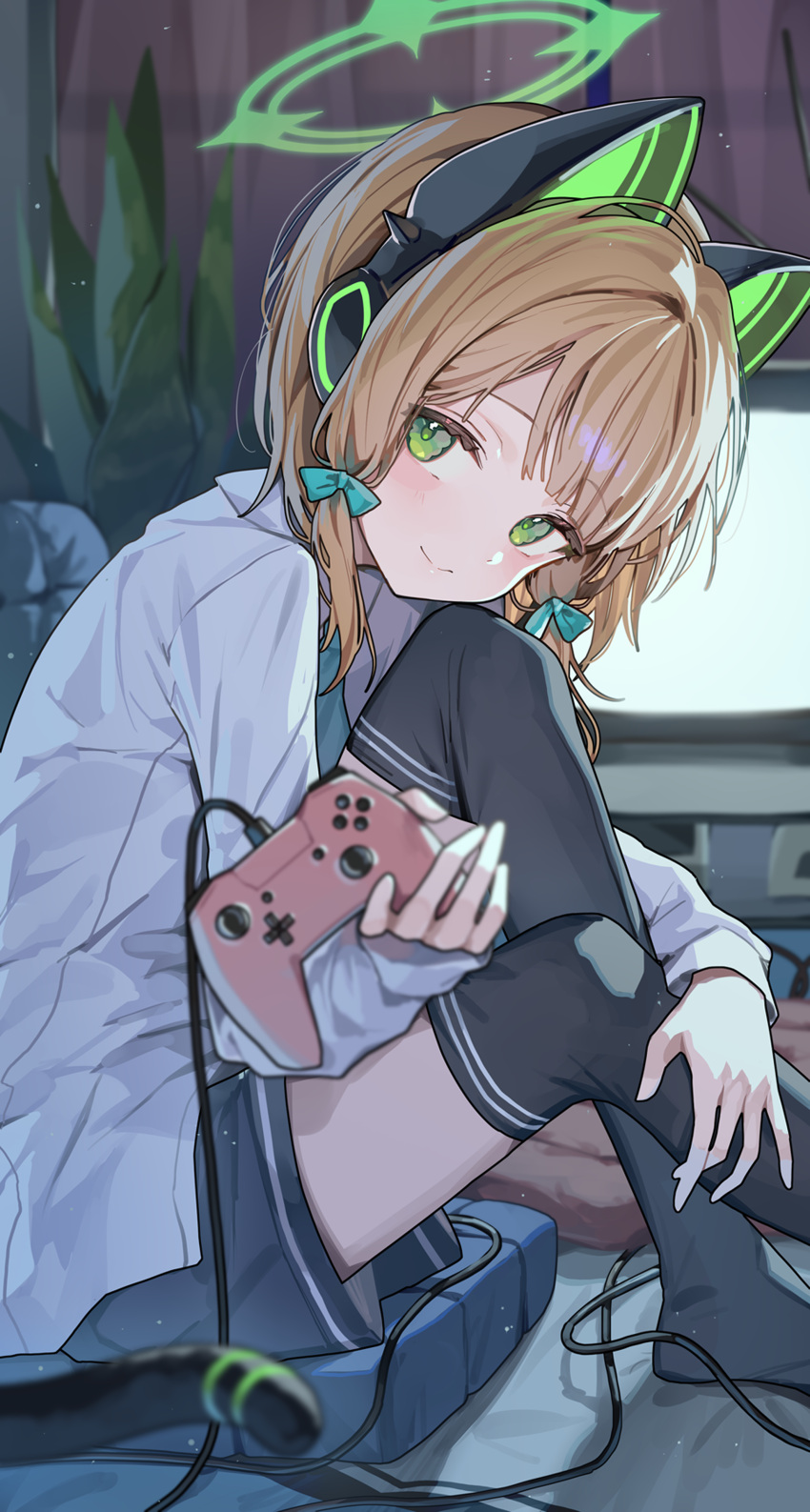 1girl absurdres animal_ear_headphones animal_ears black_shorts black_thighhighs blonde_hair blue_archive blush bow cat_ears cat_tail commentary_request controller fake_animal_ears game_controller giving hair_bow halo headphones highres holding holding_controller holding_game_controller indoors knees_up long_sleeves looking_at_viewer looking_to_the_side midori_(blue_archive) ningen_mame partial_commentary shirt shorts sitting smile solo tail thigh-highs white_shirt