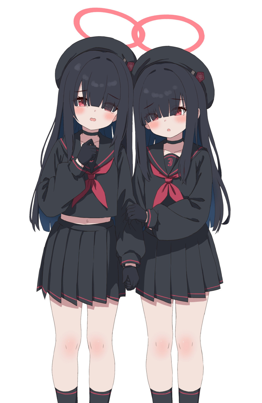 2girls absurdres beret black_hair black_headwear blue_archive blush halo hat highres justice_task_force_member_(blue_archive) long_hair multiple_girls open_mouth red_eyes red_halo simple_background white_background yukisiannn