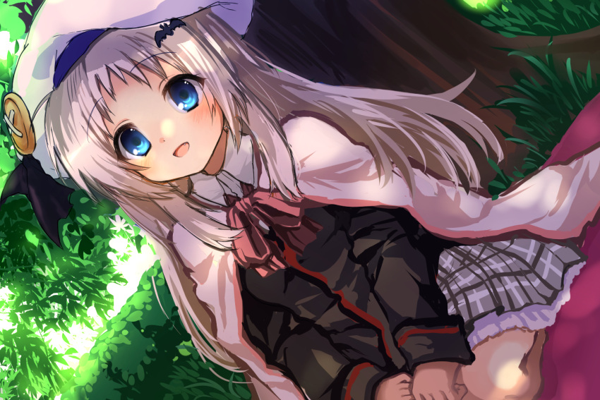1girl :d bat_hair_ornament beret black_jacket black_ribbon blue_eyes blush bow cape commentary_request dappled_sunlight day dutch_angle fang grass grey_hair grey_skirt hair_ornament happy hat hat_ribbon jacket little_busters! little_busters!_school_uniform long_hair long_sleeves looking_at_viewer miniskirt nature noumi_kudryavka open_mouth outdoors parted_bangs pink_bow plaid plaid_skirt pleated_skirt poppu ribbon school_uniform seiza sitting skirt smile solo sunlight tree v_arms very_long_hair white_cape white_headwear