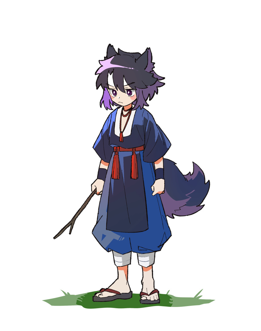 1boy absurdres animal_ears black_hair blue_pants character_request chinese_clothes highres luo_xiaohei_zhanji multicolored_hair nploser pants purple_hair red_sash sandals sash simple_background solo streaked_hair tabard tail tassel white_background wolf_ears wolf_tail