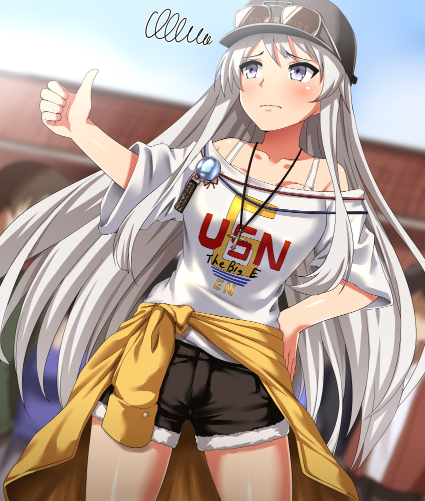 1girl absurdres averting_eyes azur_lane black_headwear black_shorts blurry blurry_background bra_strap cabbie_hat closed_mouth clothes_around_waist commentary_request cowboy_shot cutoffs day denim denim_shorts depth_of_field enterprise_(anniversary_ride)_(azur_lane) enterprise_(azur_lane) eyewear_on_headwear frown grey_eyes grey_hair hand_on_own_hip hat highres jacket jacket_around_waist jewelry long_hair necklace off-shoulder_shirt off_shoulder official_alternate_costume outdoors partial_commentary print_shirt shirt short_sleeves shorts solo standing sunglasses t-shirt thumbs_up very_long_hair white_shirt yellow_jacket zanntetu
