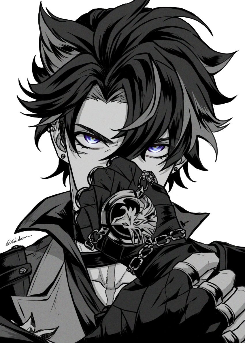 1boy artist_name bandaged_neck bandages black_gloves black_hair black_shirt blue_eyes chain collarbone collared_shirt commentary_request ear_piercing earrings fingerless_gloves genshin_impact gloves grey_hair grey_vest greyscale hair_between_eyes hands_up highres jewelry lapels looking_at_viewer male_focus monochrome multicolored_hair parted_bangs piercing scar scar_on_cheek scar_on_face scar_on_neck sekidesu shirt short_hair simple_background solo spot_color streaked_hair stud_earrings twitter_username upper_body v-shaped_eyebrows vest white_background wriothesley_(genshin_impact)