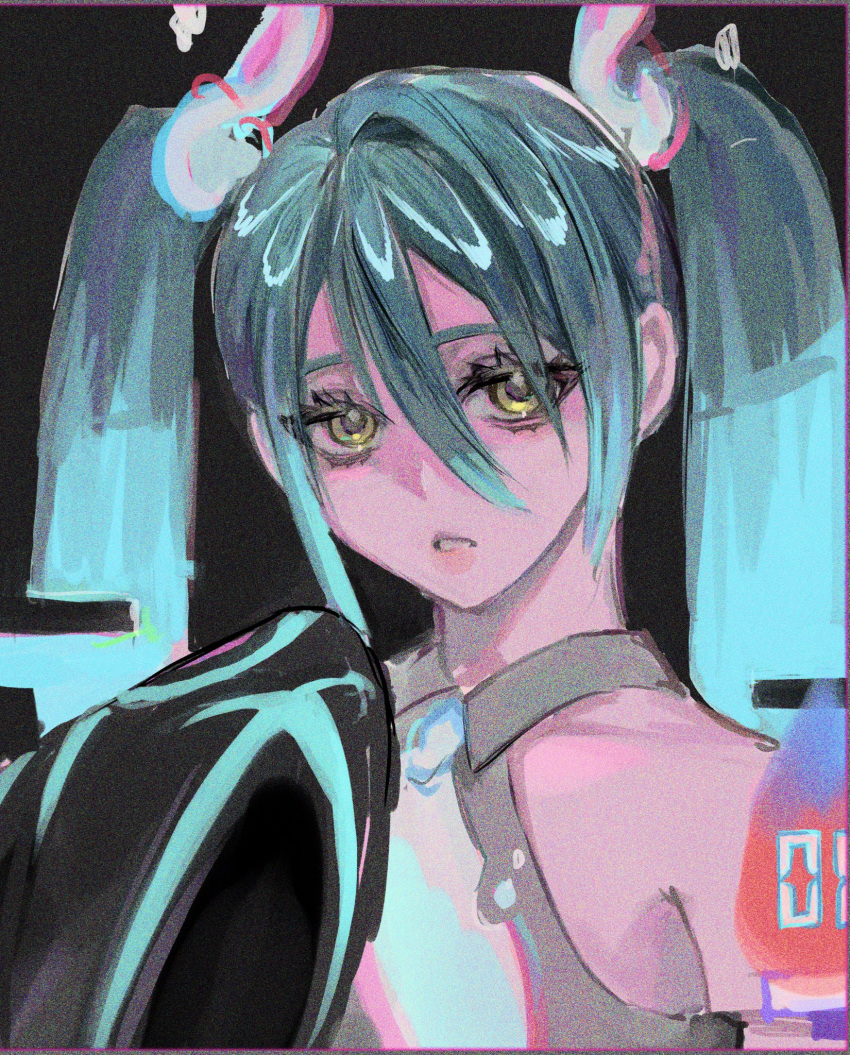 1girl black_sleeves blue_hair ghost_miku_(project_voltage) grey_shirt hair_between_eyes hajae hand_up hatsune_miku highres long_hair looking_at_viewer parted_lips pokemon print_sleeves project_voltage shirt sleeves_past_fingers sleeves_past_wrists solo twintails upper_body vocaloid will-o'-the-wisp_(mythology) yellow_eyes