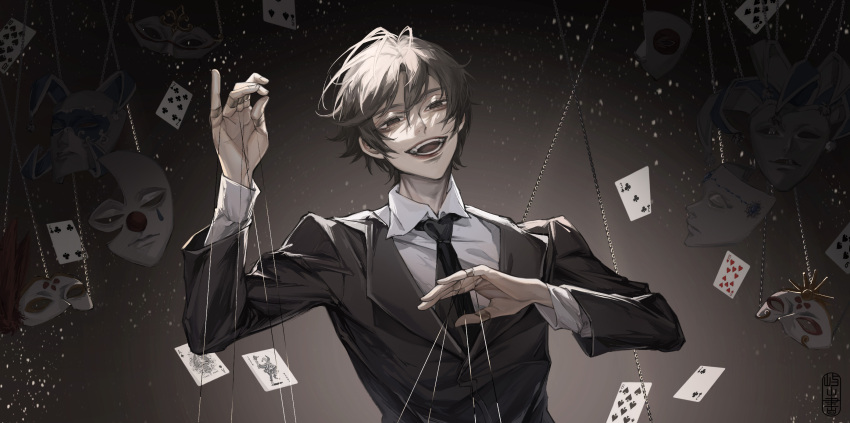 1boy abstract_background ace_(playing_card) ace_of_spades black_hair black_jacket brown_eyes card chinese_commentary clover_print club_(shape) commentary_request dark diamond_(shape) empty_eyes fingernails highres jacket joker_(card) klein_moretti lips looking_at_viewer lord_of_the_mysteries mask open_mouth playing_card qishuheiguang shirt short_hair solo spade_(shape) string teeth tongue white_shirt
