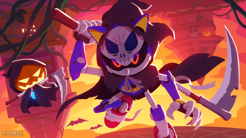 bandages bat_(animal) bat_wings big_the_cat black_sclera cape claws colored_sclera commentary_request halloween highres holding holding_scythe hood jack-o'-lantern looking_at_viewer mechanical_arms metal_sonic official_art plant pumpkin red_eyes robot scythe skull sonic_(series) uno_yuuji vines wings