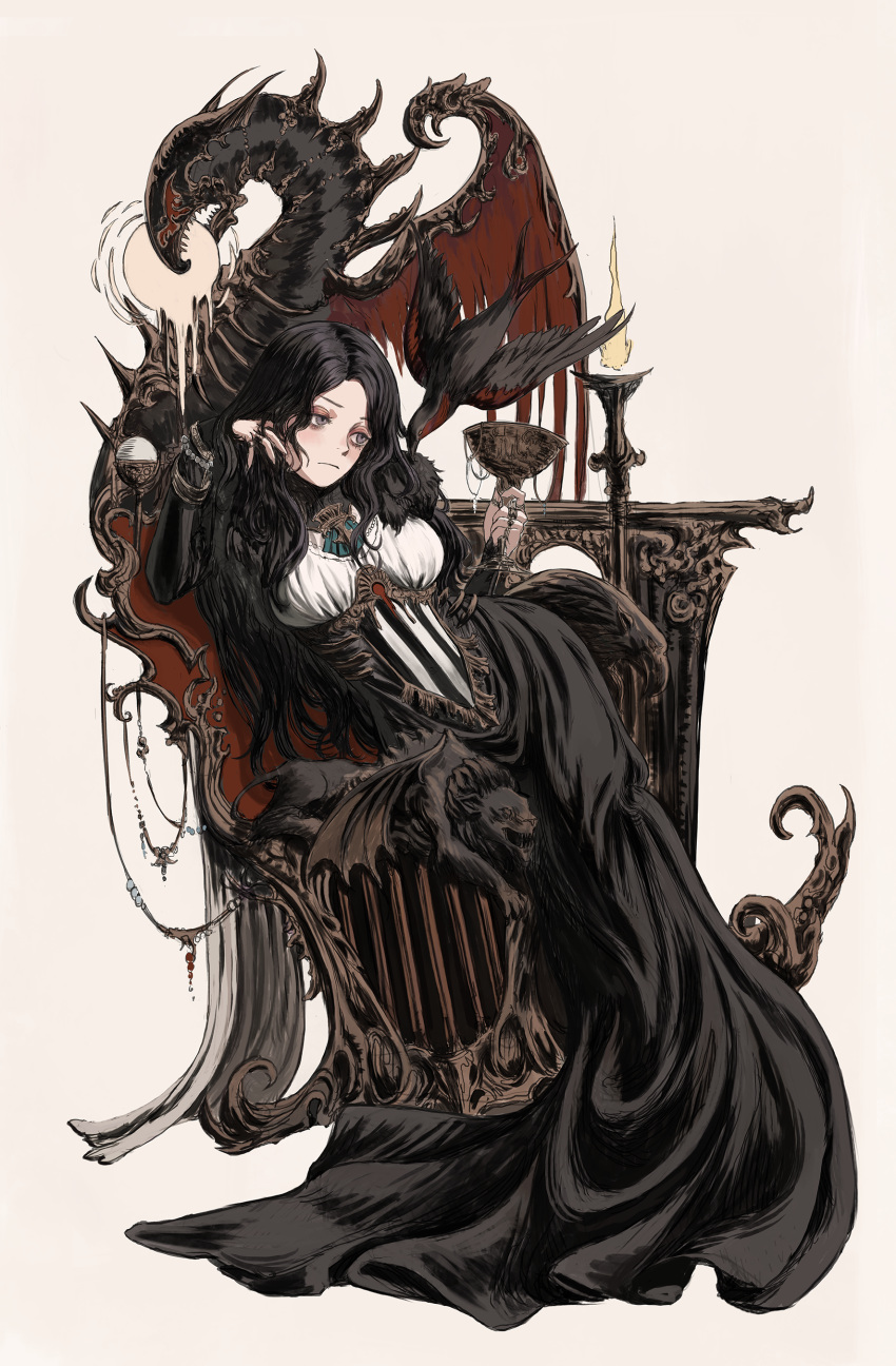 1girl absurdres bird black_dress black_hair candle candlelight crow dress full_body gold_can grey_eyes hand_up highres holding_goblet leaning_to_the_side long_sleeves original shirt simple_background sitting solo throne white_shirt