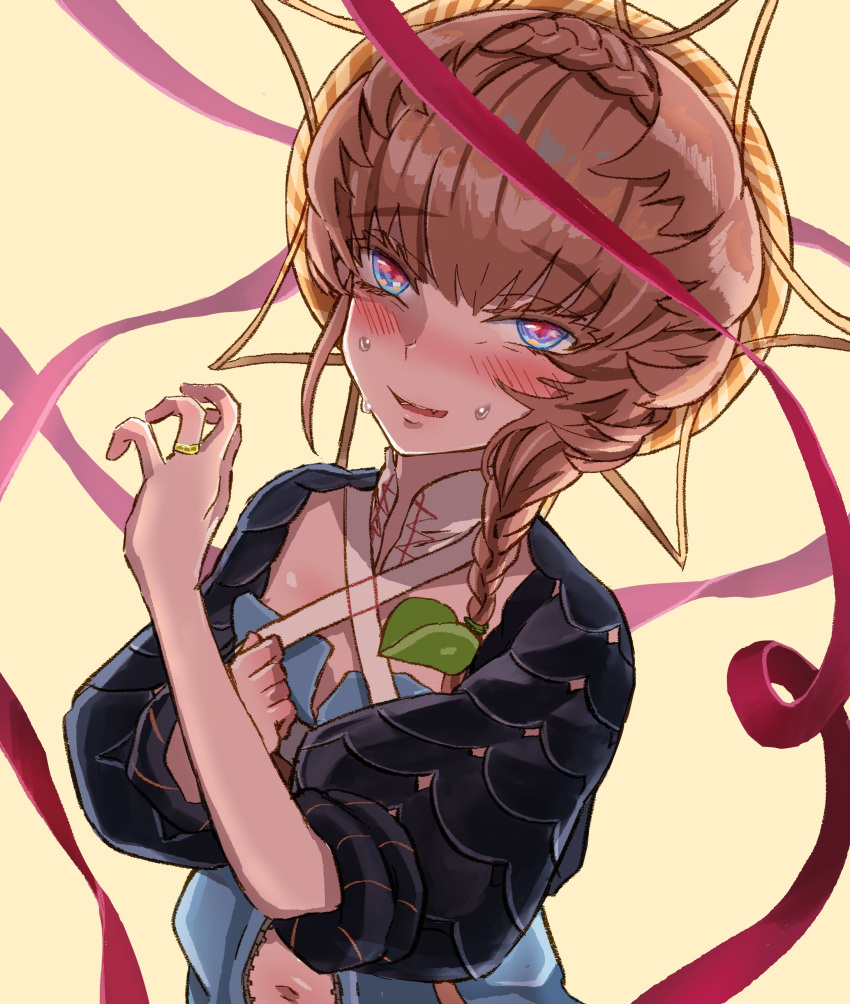 1girl absurdres black_sleeves blue_eyes blue_overalls blush braid brown_hair clothing_cutout crown_braid fang fate/grand_order fate_(series) flat_chest hand_up highres jewelry looking_at_viewer navel navel_cutout open_mouth overalls puffy_short_sleeves puffy_sleeves red_pupils red_ribbon ribbon ring shimogamo_(shimomo_12) short_sleeves side_braid smile solo striped striped_headwear sweatdrop teeth tongue upper_body van_gogh_(fate) yellow_background
