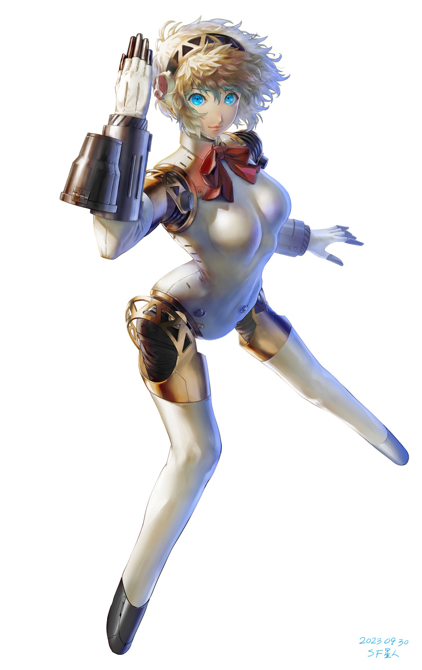 1girl absurdres aegis_(persona) android arm_up blonde_hair blue_eyes bow bowtie breasts collar dated detached_collar drum_magazine floating_hair full_body glowing glowing_eyes gun hairband highres joints looking_at_viewer magazine_(weapon) medium_breasts navel no_feet persona persona_3 red_bow red_bowtie robot_joints saran_wrap_(sf_seijin) short_hair signature simple_background smile solo standing weapon white_background white_collar