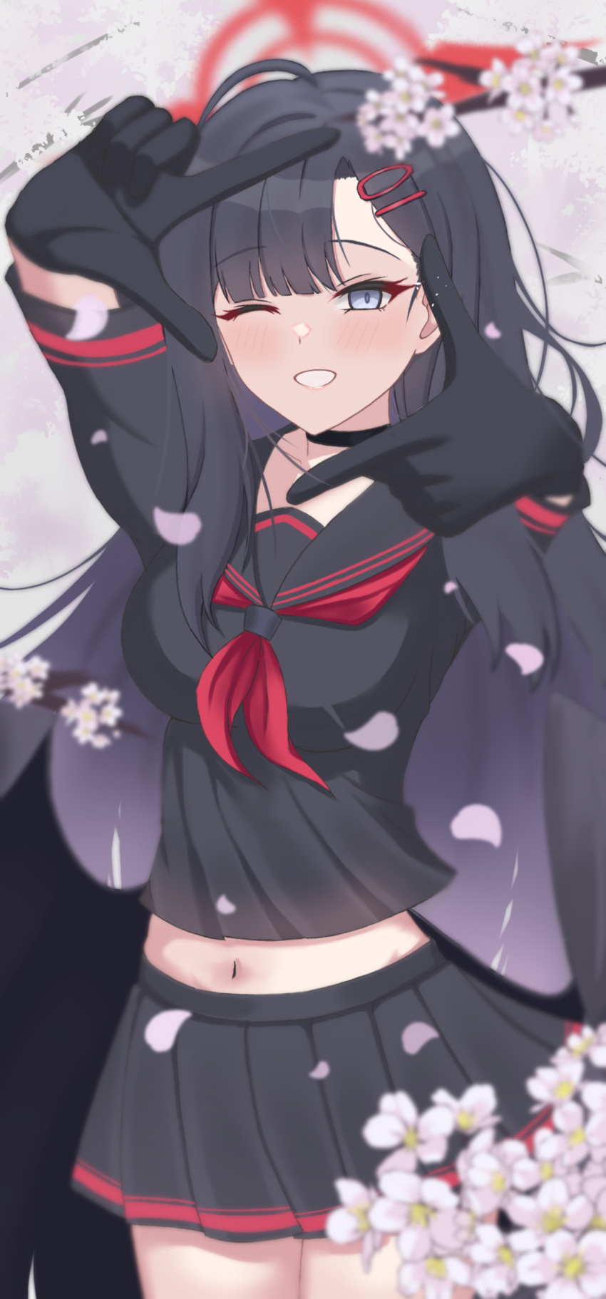 1girl absurdres black_choker black_gloves black_hair black_sailor_collar black_serafuku black_skirt black_wings blue_archive blurry blurry_background blurry_foreground cherry_blossoms choker falling_petals feathered_wings gloves grin hair_ornament hairclip halo highres ichika_(blue_archive) long_hair looking_at_viewer midriff navel neckerchief one_eye_closed petals pleated_skirt red_neckerchief sailor_collar school_uniform serafuku skirt smile solo thighs very_long_hair wings woodhxx