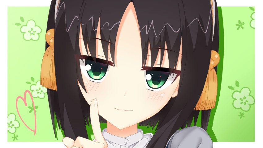 1girl :3 absurdres black_hair blunt_ends blush border close-up closed_mouth commentary_request eyelashes fingernails floral_print green_background green_eyes hair_ornament hareringo heart highres hitachi_mako index_finger_raised jitome looking_at_viewer parted_bangs senren_banka short_hair_with_long_locks simple_background smile smug solo straight_hair tassel tassel_hair_ornament white_border yellow_tassel