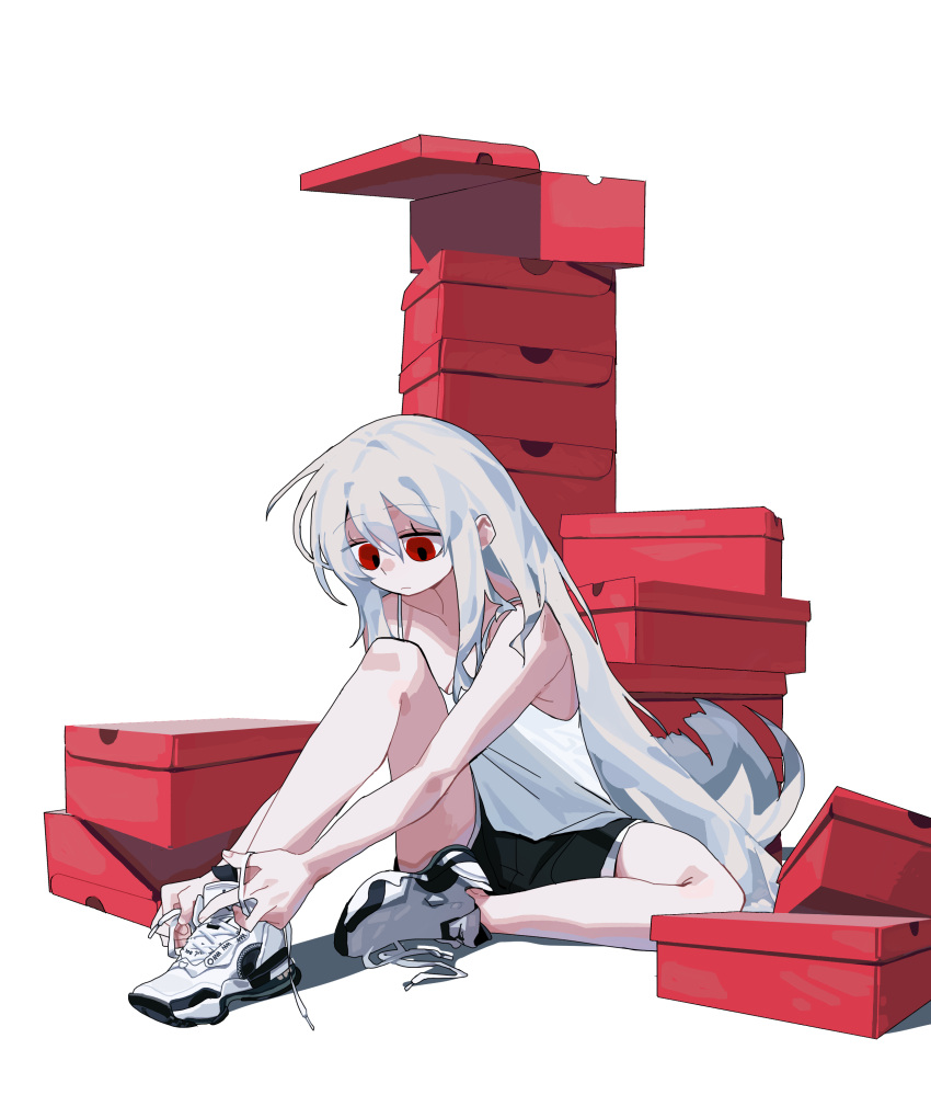 1girl absurdres arknights bare_arms black_shorts closed_mouth highres long_hair red_eyes shoe_box shoelaces shoes shorts sidelocks simple_background sitting skadi_(arknights) sneakers solo tank_top very_long_hair white_background white_footwear white_hair white_tank_top xity