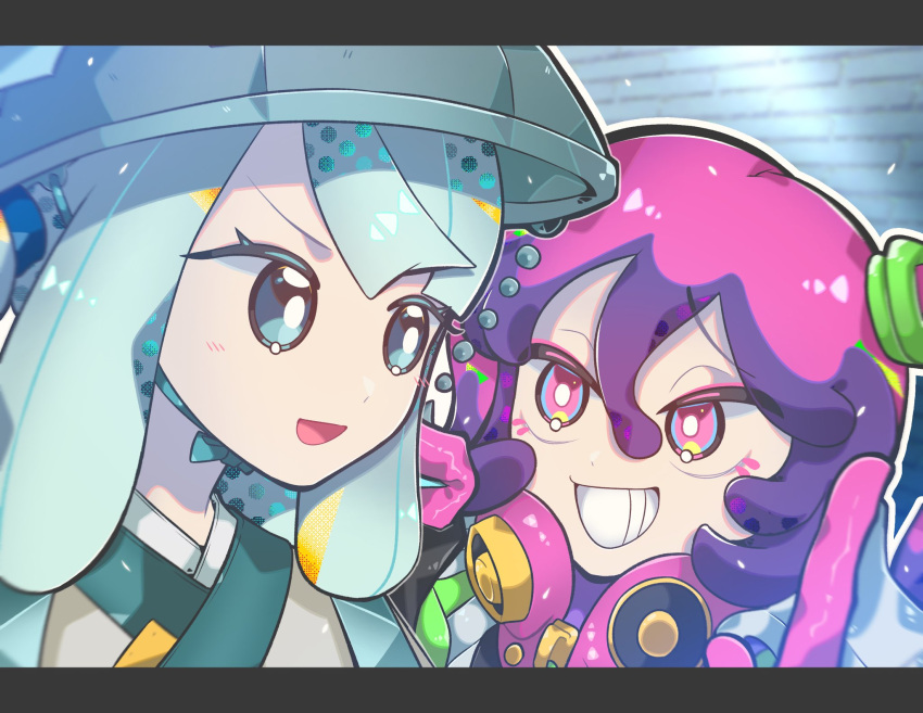 2girls blue_eyes blue_hair blue_headwear bright_pupils chin_strap commentary_request furrowed_brow gloves grey_kimono grin hair_between_eyes hat hatsune_miku highres japanese_clothes kimono letterboxed light_blue_hair long_hair multicolored_eyes multicolored_hair multiple_girls no_sclera pink_eyes pink_gloves pink_hair poison_miku_(project_voltage) pokemon project_voltage purple_hair sandogasa sizimaiwanu smile steel_miku_(project_voltage) teeth twintails v-shaped_eyebrows vocaloid white_pupils yellow_eyes