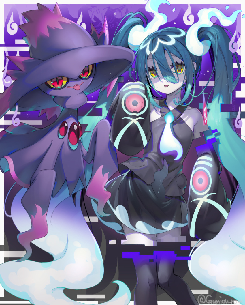 1girl aqua_hair bare_shoulders black_thighhighs detached_sleeves ghost ghost_miku_(project_voltage) glitch gradient_hair grey_shirt gunjou_row hair_between_eyes hatsune_miku highres long_hair mismagius multicolored_hair necktie pale_skin pokemon pokemon_(creature) project_voltage see-through see-through_skirt shirt skirt sleeves_past_fingers sleeves_past_wrists thigh-highs twintails very_long_hair vocaloid will-o'-the-wisp_(mythology) yellow_eyes