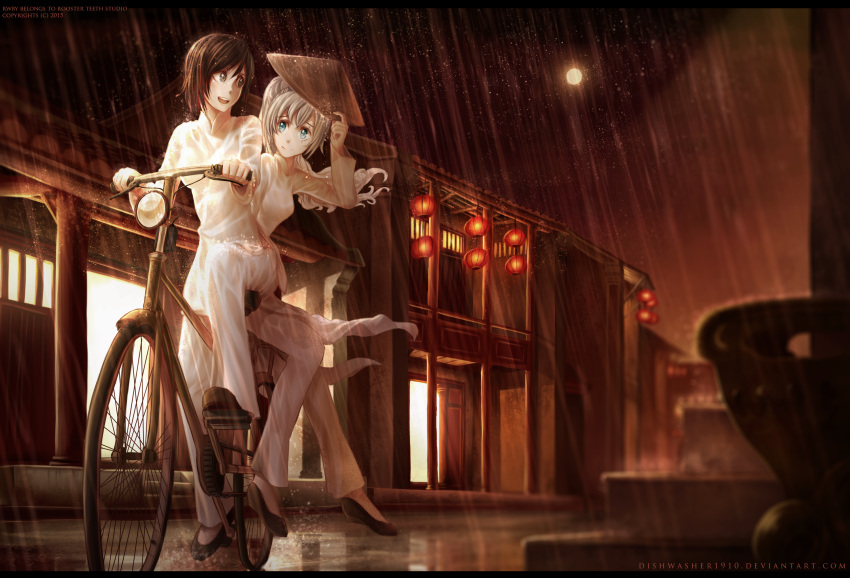 architecture bicycle black_hair dishwasher1910 east_asian_architecture english_commentary green_eyes hat highres holding holding_clothes holding_hat lantern night rain rice_hat riding riding_bicycle ruby_rose rwby vietnam vietnamese_dress weiss_schnee wet wet_clothes white_hair