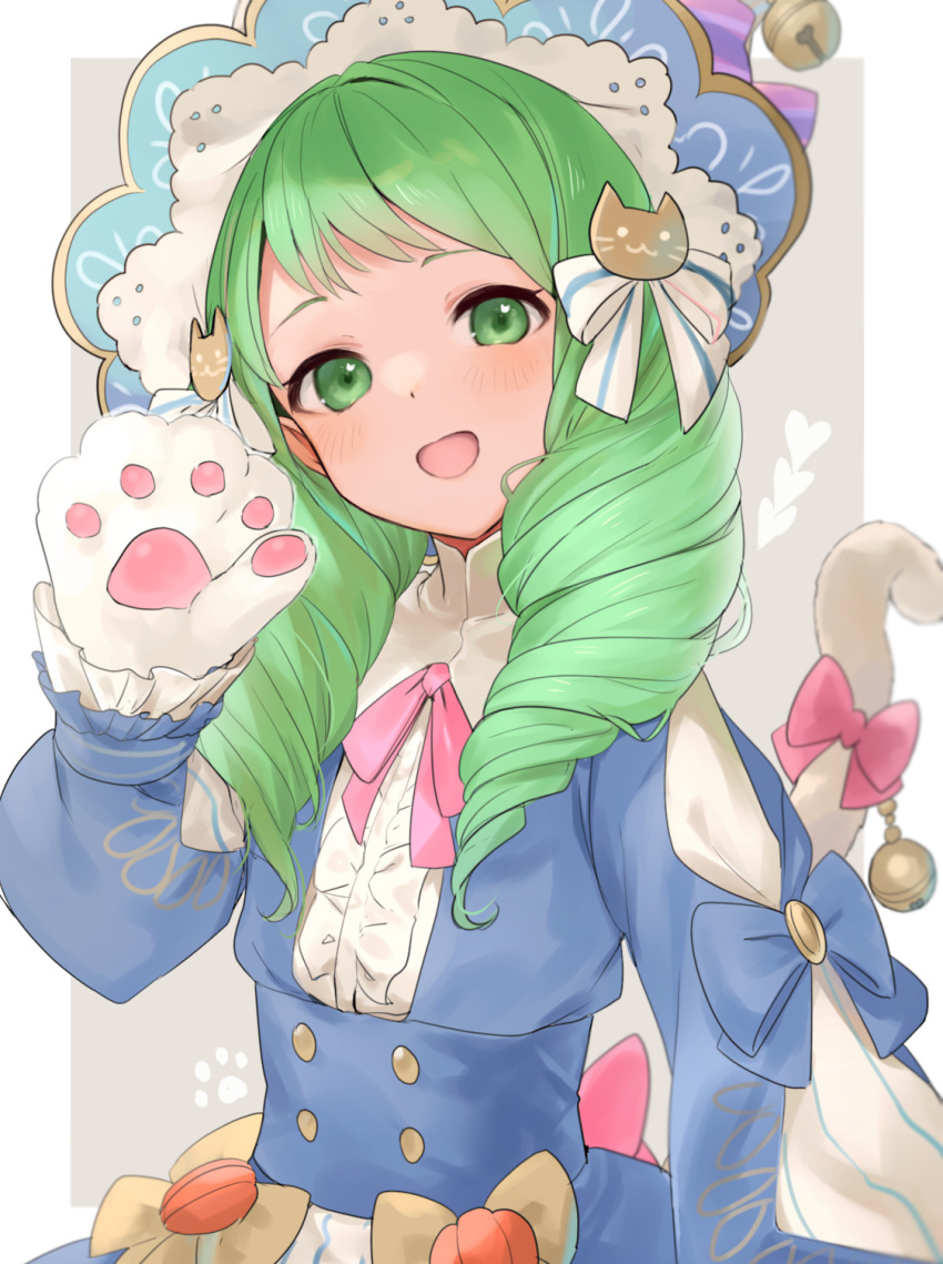 1girl animal_hands blue_dress blush buttons cat_paws cat_tail commentary dress fake_tail fire_emblem fire_emblem:_three_houses fire_emblem_heroes flayn_(fire_emblem) flayn_(halloween)_(fire_emblem) gloves green_eyes green_hair halloween_costume haru_(nakajou-28) highres long_hair long_sleeves looking_at_viewer neck_ribbon official_alternate_costume open_mouth paw_gloves pink_ribbon ribbon smile solo symbol-only_commentary tail