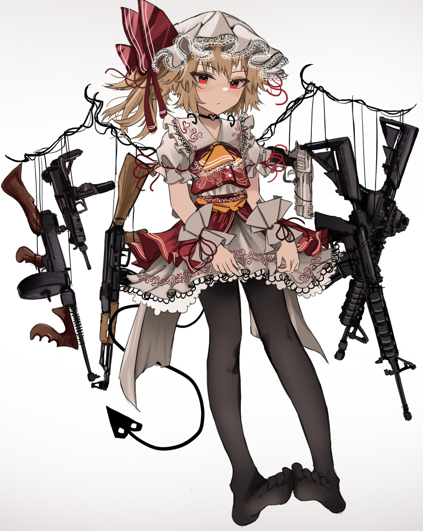 1girl absurdres ascot black_pantyhose blonde_hair blush closed_mouth collared_shirt flandre_scarlet frilled_shirt_collar frills full_body gun hat highres long_hair mob_cap one_side_up ougiikun pantyhose red_eyes red_skirt red_vest shirt simple_background skirt solo touhou vest weapon white_background white_headwear white_shirt wrist_cuffs yellow_ascot