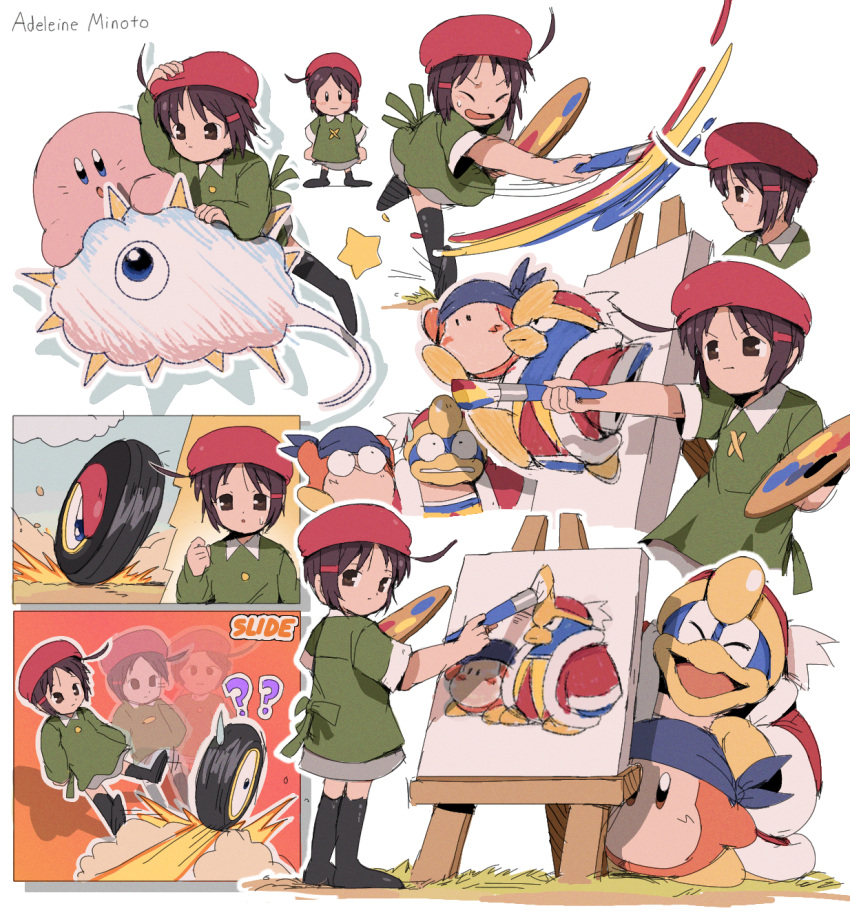 :o ? ?? adeleine afterimage ahoge bandana bandana_waddle_dee bendedede beret black_socks blue_bandana blue_eyes brown_eyes brown_hair canvas_(object) character_name clenched_teeth closed_eyes closed_mouth clouds collared_shirt commentary dodging easel english_commentary expressionless fur-trimmed_jacket fur_trim green_shirt grey_skirt hair_ornament hairclip hands_on_own_hips hat highres holding holding_paintbrush holding_palette jacket king_dedede kirby kirby_(series) kneehighs kracko laughing looking_at_viewer looking_back multiple_views one-eyed open_mouth outline outstretched_arm paint paintbrush painting_(action) painting_(object) palette_(object) parted_bangs parted_lips red_headwear red_jacket shirt short_hair short_sleeves simple_background skirt smile smoke socks spikes standing star_(symbol) sweatdrop teeth upper_body v-shaped_eyebrows wheel wheelie_(kirby) white_background white_outline wide-eyed