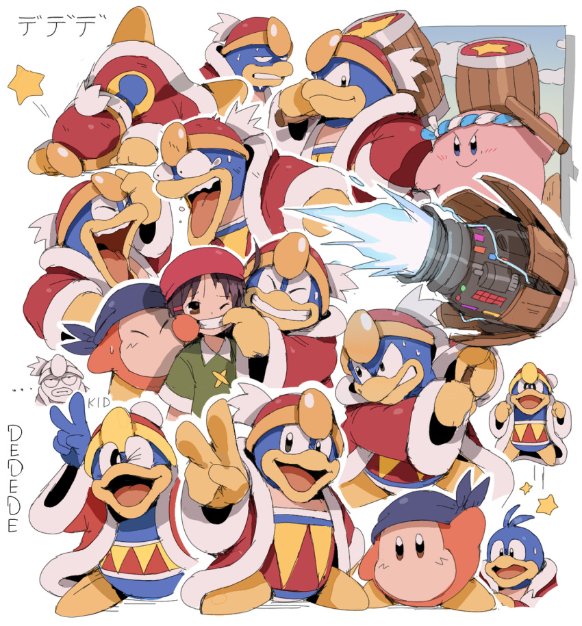 ... ^_^ adeleine angry arm_up bandana bandana_waddle_dee bendedede beret blue_bandana blue_eyes blush brown_eyes brown_hair bulging_eyes character_name clenched_teeth closed_eyes closed_mouth commentary copy_ability energy_gun english_commentary faceplant fallen_down forced_smile fur-trimmed_jacket fur_trim green_shirt grin hachimaki hair_ornament hairclip hammer hammer_kirby hat headband highres holding holding_hammer jacket jitome jumping king_dedede kirby kirby_(series) laughing long_sleeves looking_at_viewer mouth_pull multiple_views nejiri_hachimaki no_headwear one_eye_closed open_mouth parted_bangs red_headwear red_jacket shirt short_hair short_sleeves simple_background smile smirk star_(symbol) sweat sweatdrop tears teeth tongue upper_body upper_teeth_only v v-shaped_eyebrows weapon white_background wide-eyed