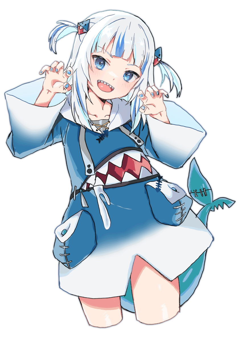 1girl :d absurdres blue_eyes blue_hair blue_hoodie blue_nails blunt_bangs claw_pose commentary cropped_legs drawstring fingernails fins fish_tail gawr_gura gawr_gura_(1st_costume) hair_ornament hands_up highres hololive hololive_english hood hoodie k_einosuke light_blush long_hair long_sleeves looking_at_viewer multicolored_hair nail_polish open_mouth shark_girl shark_hair_ornament shark_print shark_tail sharp_teeth sidelocks simple_background smile solo streaked_hair tail teeth two_side_up virtual_youtuber white_background white_hair wide_sleeves