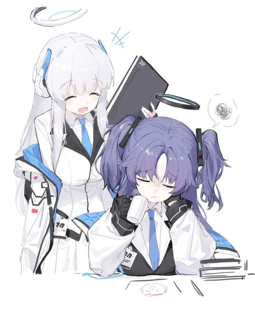 2girls arona's_sensei_doodle_(blue_archive) black_gloves blue_archive blue_necktie breasts closed_eyes closed_mouth collared_shirt countryman_(artist) cup gloves grey_hair halo headphones highres holding holding_cup id_card jacket large_breasts long_hair long_sleeves mechanical_halo multiple_girls necktie noa_(blue_archive) open_mouth purple_hair sensei_(blue_archive) shirt simple_background smile spoken_squiggle squiggle suit two-sided_fabric two-sided_jacket two_side_up white_background white_jacket white_shirt yuuka_(blue_archive)
