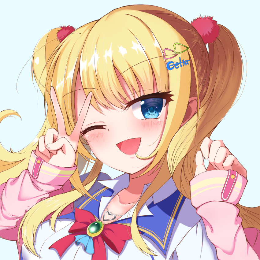1girl ;d absurdres ashiyu0330 blonde_hair blue_collar blue_eyes blush bow clenched_hand close-up collar commentary_request eyelashes eyes_visible_through_hair hair_between_eyes hair_ornament hairclip hands_up heart heart_hair_ornament heart_necklace highres jewelry kin-iro_loveriche kisaki_reina light_blue_background long_hair looking_at_viewer necklace one_eye_closed open_mouth pom_pom_(clothes) pom_pom_hair_ornament red_bow school_uniform shirt simple_background sleeves_past_wrists smile solo twintails v wavy_hair white_shirt wing_collar
