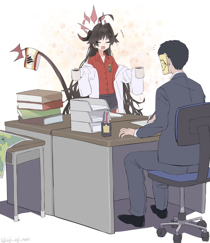 +++ 1boy 1girl ahoge aji_aji_nori arona's_sensei_doodle_(blue_archive) black_hair black_horns black_shorts black_tail blue_archive book chair closed_eyes coat coffee collared_shirt cup demon_horns hair_intakes halo highres holding holding_cup horns kasumi_(blue_archive) lab_coat long_hair open_mouth oversized_clothes red_halo red_shirt sensei_(blue_archive) shirt shirt_tucked_in short_hair shorts sitting sleeves_past_fingers sleeves_past_wrists smile white_coat