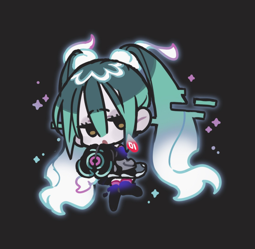 1girl :o black_background black_sleeves black_thighhighs blue_hair chibi full_body ghost_miku_(project_voltage) glitch glowing gradient_hair grey_shirt hair_between_eyes hands_up hatsune_miku highres long_hair looking_at_viewer multicolored_hair open_mouth pale_skin platinum_(o0baijin0o) pokemon print_sleeves project_voltage see-through see-through_skirt shirt skirt solo sparkle thigh-highs twintails very_long_hair vocaloid white_hair will-o'-the-wisp_(mythology) yellow_eyes