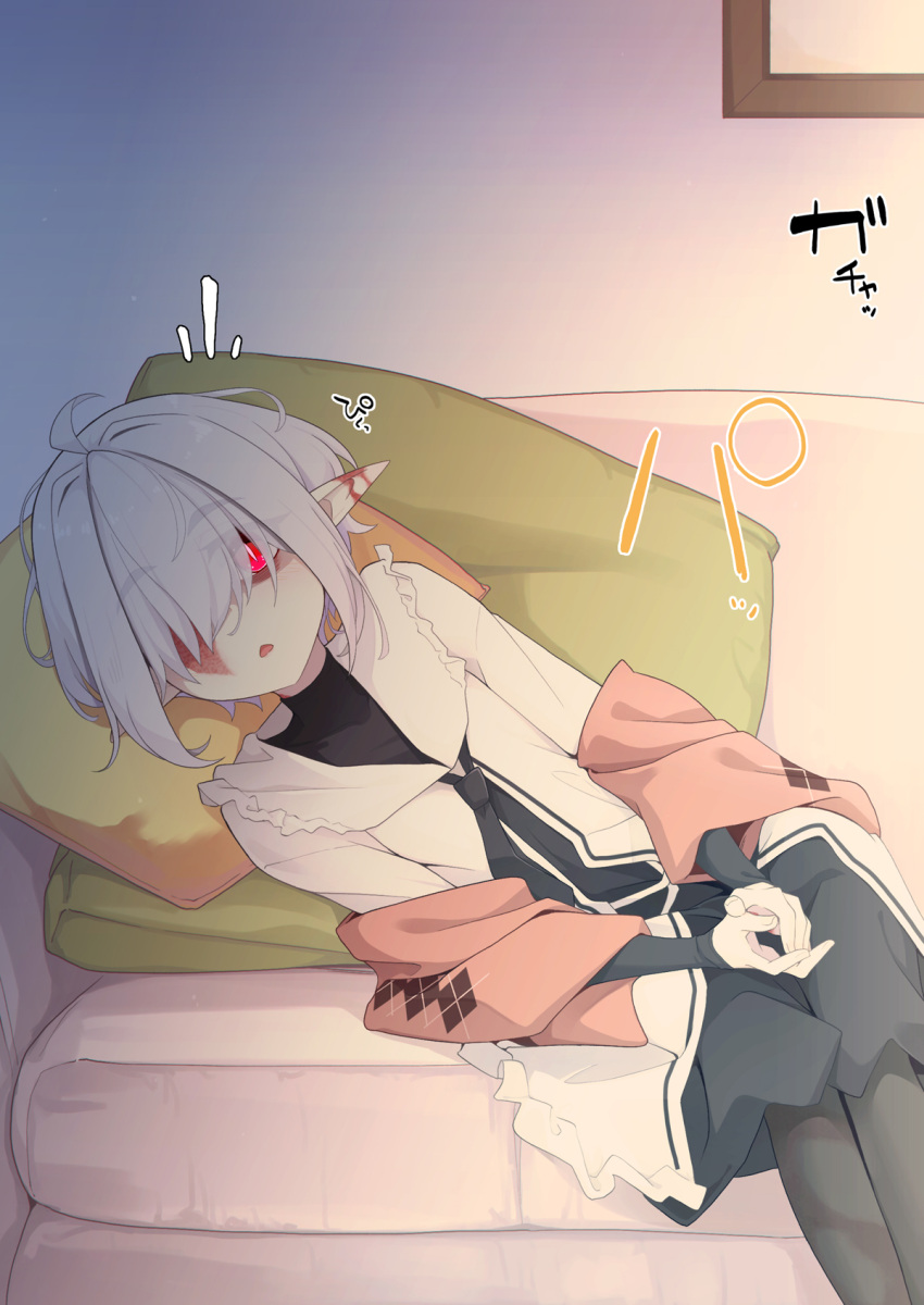 1girl abelia_(ogami_kazuki) ahoge black_dress black_necktie black_pantyhose burn_scar couch dress feet_out_of_frame grey_hair hair_over_one_eye highres indoors long_sleeves looking_at_viewer lying necktie notice_lines ogami_kazuki on_couch on_side original own_hands_together pantyhose parted_lips pillow pointy_ears red_eyes scar solo sunrise thick_eyebrows white_dress