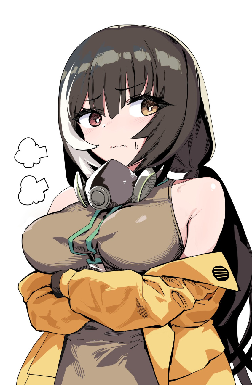 1girl black_hair bright_pupils brown_eyes brown_shirt crossed_arms gas_mask girls_frontline highres jacket kinbakuman long_hair low_twintails mask multicolored_hair off_shoulder ro635_(girls'_frontline) shirt simple_background sleeveless sleeveless_shirt solo twintails two-tone_hair upper_body wavy_mouth white_background white_pupils white_shirt yellow_jacket