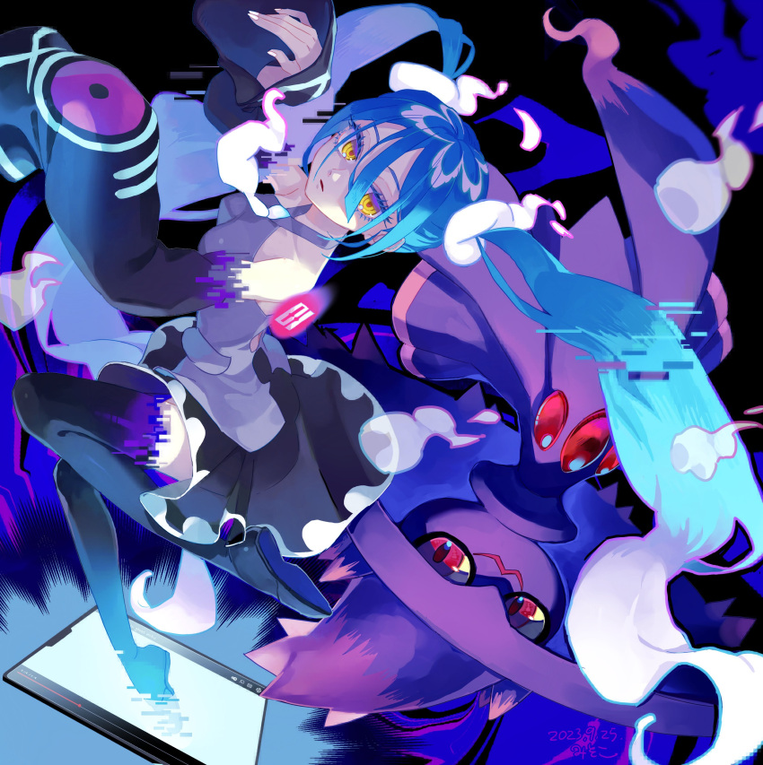1girl absurdres bare_shoulders black_skirt black_sleeves black_thighhighs blue_hair colored_sclera commentary_request detached_sleeves floating floating_hair ghost_miku_(project_voltage) glitch gradient_hair grey_shirt hair_between_eyes hat hatsune_miku highres long_hair looking_at_viewer mismagius misoko_(misonamezizou) multicolored_hair necktie open_mouth pale_skin pokemon pokemon_(creature) print_sleeves project_voltage red_eyes see-through see-through_skirt shirt skirt sleeveless sleeveless_shirt sleeves_past_fingers sleeves_past_wrists smile solo thigh-highs through_screen twintails upside-down very_long_hair vocaloid white_hair white_necktie witch_hat yellow_eyes yellow_sclera