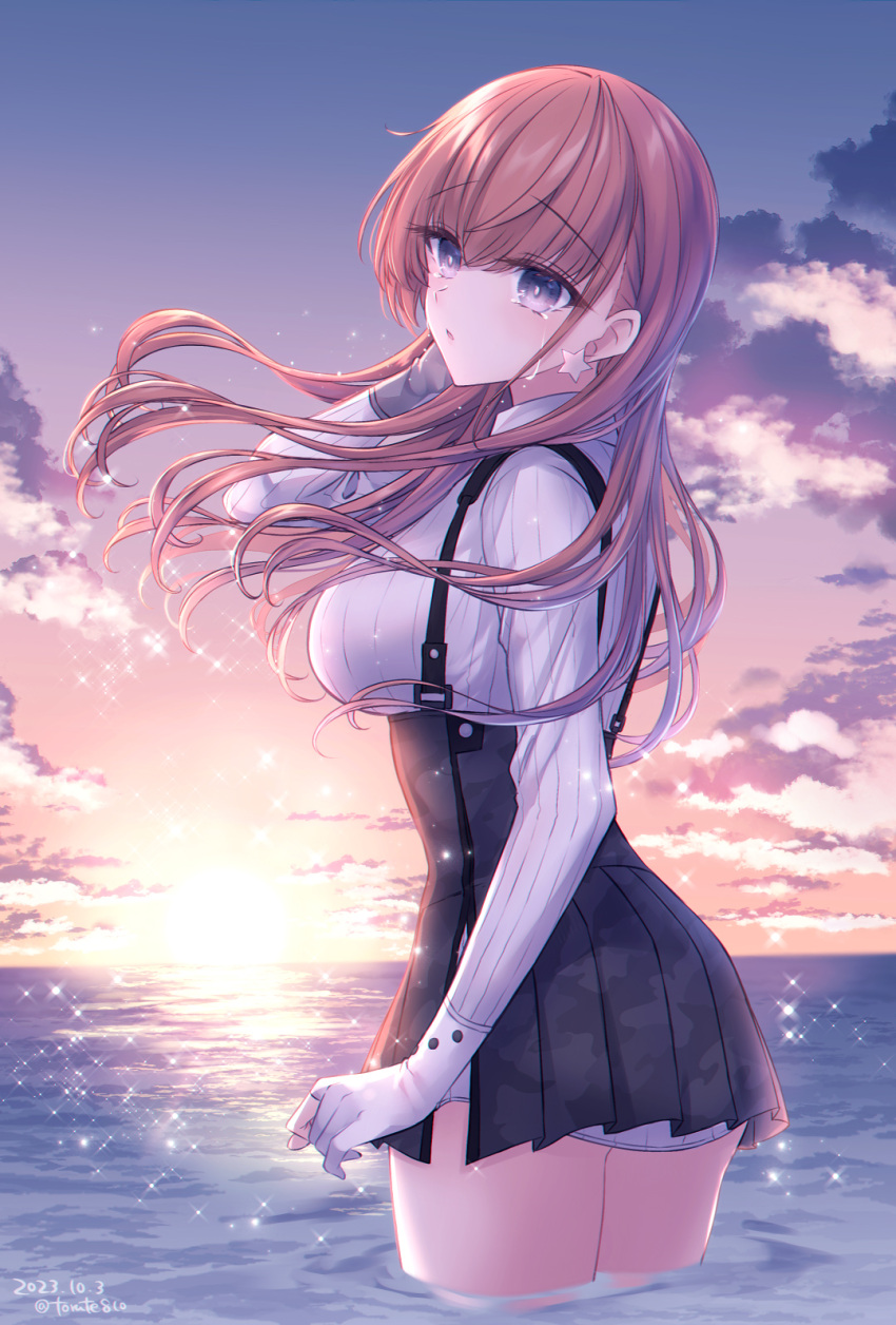 1girl adjusting_hair alternate_hairstyle atlanta_(kancolle) black_skirt breasts brown_hair commentary_request crying crying_with_eyes_open dated dress_shirt earrings facing_to_the_side floating_hair from_side gloves grey_eyes hair_down high-waist_skirt highres jewelry kabocha_torute kantai_collection large_breasts long_hair long_sleeves looking_at_viewer ocean partially_fingerless_gloves partially_submerged shirt skirt solo star_(symbol) star_earrings sunset suspender_skirt suspenders tears twitter_username wading white_gloves white_shirt wind