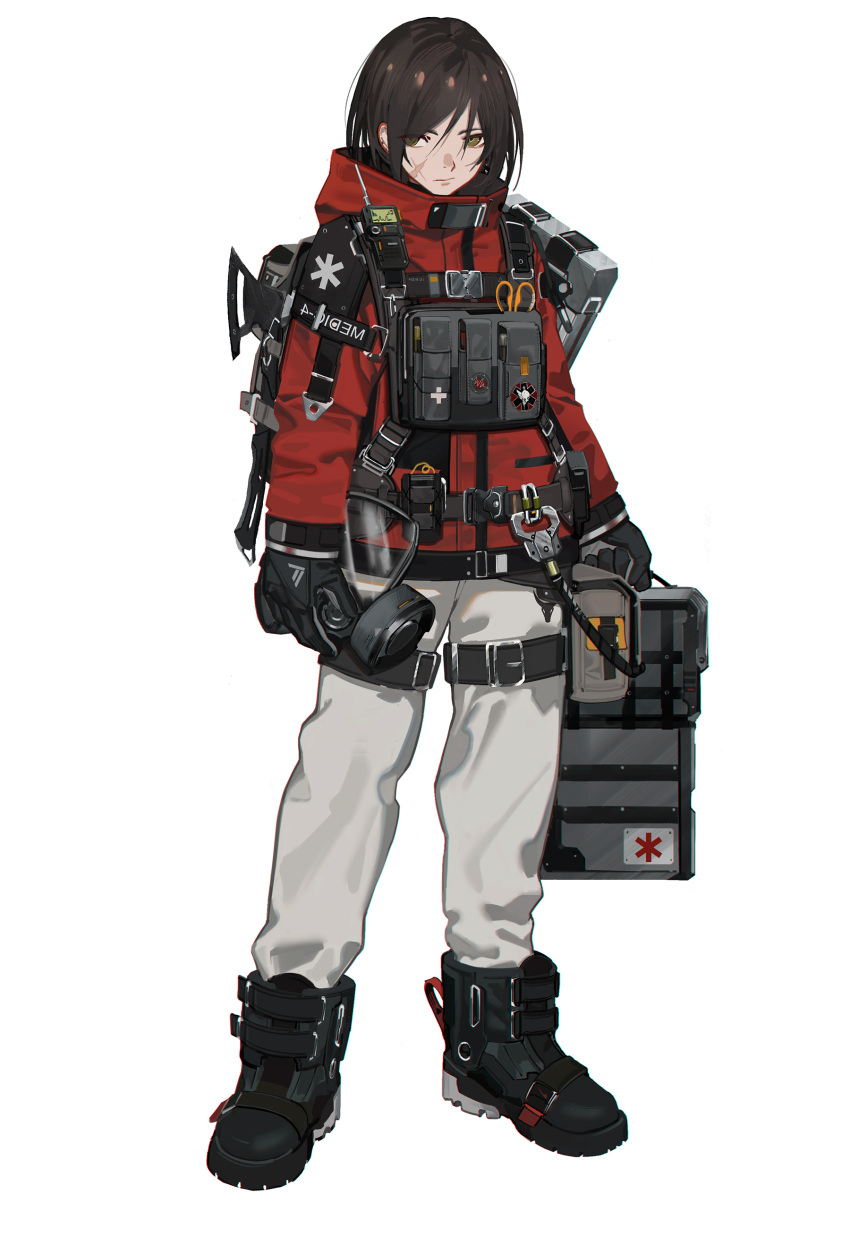 1girl absurdres axe black_gloves black_hair expressionless gas_mask gloves green_eyes highres holding jacket long_sleeves looking_at_viewer mask medic nilzynox original pants red_jacket scissors short_hair solo white_pants