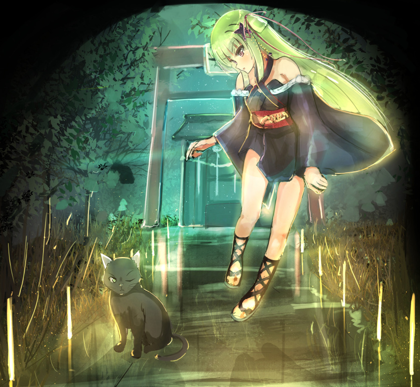 1girl arms_at_sides bare_shoulders black_cat black_kimono blunt_bangs blunt_ends blush cat commentary criss-cross_halter cross-laced_footwear detached_sleeves floating grass green_hair hair_ribbon halterneck highres hime_cut japanese_clothes kimono legs long_hair long_ribbon long_sleeves looking_at_animal looking_down midair murasame_(senren) one_eye_closed open_mouth outdoors pom_pom_(clothes) purple_ribbon red_eyes red_sash ribbon sandals sash scenery senren_banka short_kimono shrine sidelocks solo straight_hair torii tree two_side_up v-shaped_eyebrows very_long_hair wide_sleeves yuzf