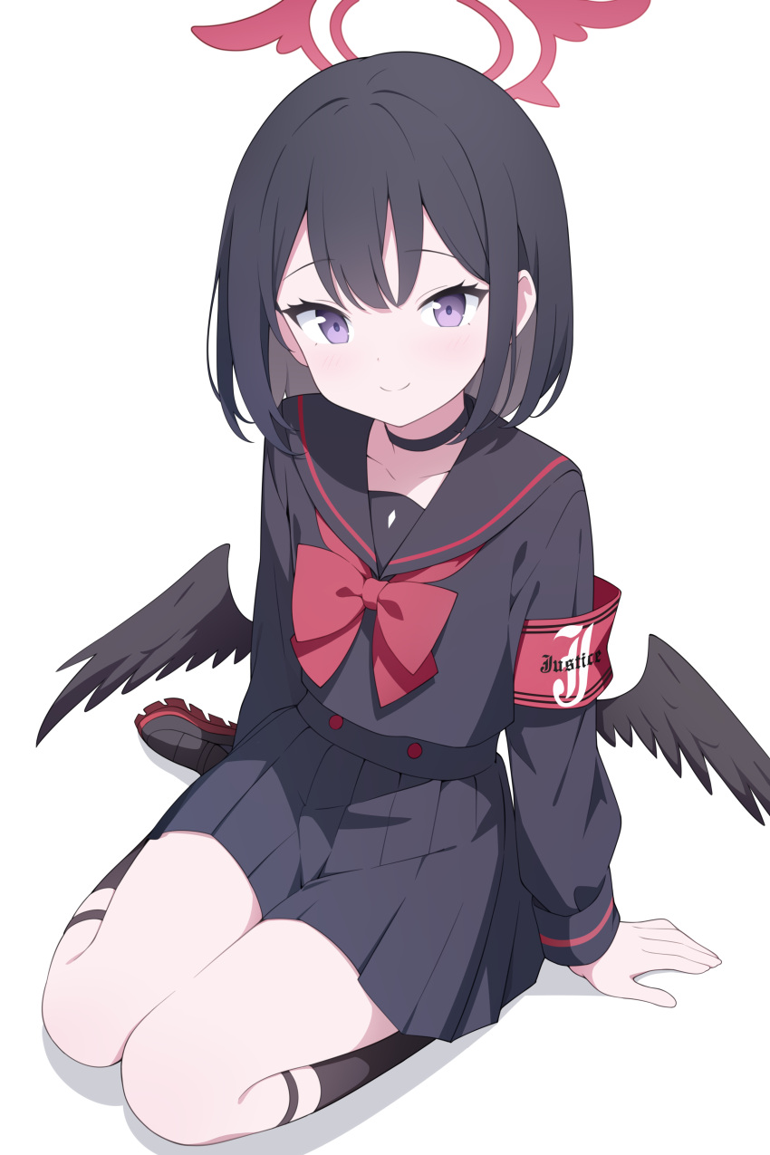 1girl absurdres armband black_choker black_hair black_sailor_collar black_serafuku black_shirt black_skirt black_socks black_wings blue_archive chinese_commentary choker closed_mouth commentary_request feathered_wings halo highres jyt looking_at_viewer low_wings mashiro_(blue_archive) pleated_skirt red_armband red_halo sailor_collar school_uniform serafuku shirt short_hair simple_background skirt smile socks solo violet_eyes white_background wings