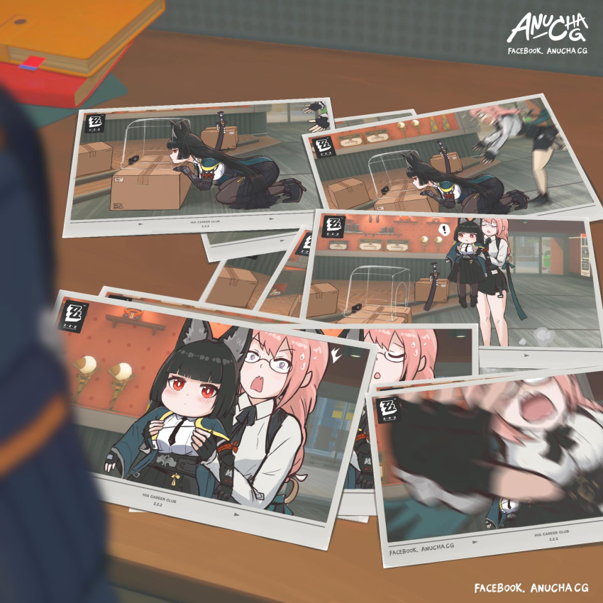 ! 2girls animal_ears anucha_cg artist_name black_skirt black_thighhighs box breasts camera carrying expressionless fox_ears fox_girl full_body glasses hello_street_cat highres hoshimi_miyabi large_breasts long_hair miniskirt motion_blur mr._fresh multiple_girls multiple_views open_mouth pink_hair prosthesis prosthetic_arm red_eyes shirt skirt sweatdrop sword thick_thighs thigh-highs thighs tsukishiro_yanagi very_long_hair weapon white_shirt zenless_zone_zero