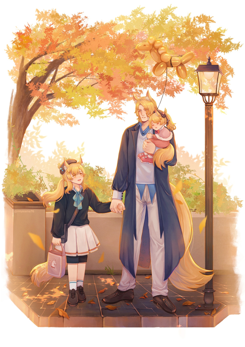 1boy 2girls aged_down animal_ear_fluff animal_ears arknights autumn autumn_leaves bag balloon_animal beret black_coat black_shirt black_shorts blemishine_(arknights) blue_bow blue_bowtie blue_shirt blush border bow bowtie brown_footwear brown_headwear capelet closed_eyes coat cobblestone commentary dress english_commentary full_body grey_pants grey_sweater hat highres holding holding_bag holding_hands horse_ears horse_girl horse_tail lamppost loafers long_hair looking_at_another looking_up miyaji_(miyaji0517) mlynar_(arknights) multiple_girls nearl_(arknights) open_clothes open_coat open_mouth outdoors pants pink_capelet pink_dress pink_footwear pleated_skirt ponytail retaining_wall road shirt shoes short_hair shorts shorts_under_skirt side_ponytail sidelocks skirt socks street sweater sweater_vest tail white_skirt white_socks yellow_eyes