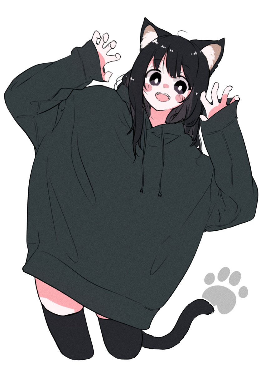 :d ahoge animal_ears black_eyes black_hair black_hoodie black_shorts blush cat_ears cat_girl cat_tail claw_pose commentary_request fangs happy highres hood hoodie long_hair medium_bangs megateru messy_hair original oversized_clothes paw_print shorts simple_background skindentation sleeves_past_wrists smile tail tareme thigh-highs very_long_hair white_background