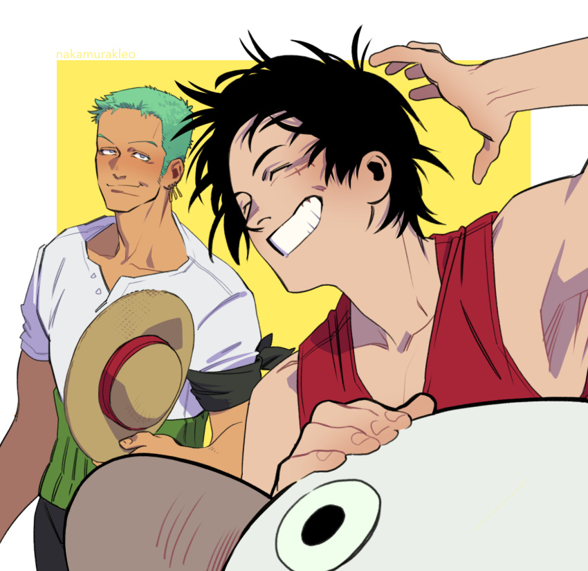 2boys artist_name bandana bandana_around_arm bare_shoulders black_bandana black_hair blush closed_eyes closed_mouth going_merry green_hair hat hat_removed headwear_removed highres holding holding_clothes holding_hat jewelry looking_at_another male_focus monkey_d._luffy multiple_boys nakamurakleo one_piece red_shirt roronoa_zoro scar scar_on_cheek scar_on_face ship shirt short_hair sleeveless sleeveless_shirt smile straw_hat teeth watercraft white_shirt